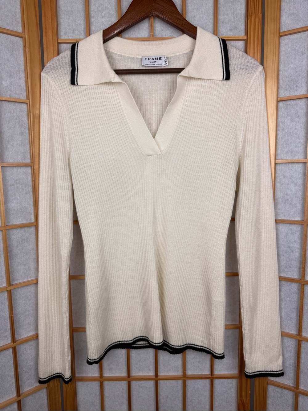 FRAME Luxury Merino Wool Ribbed Tipped Polo Sweater Off White Noir Size M